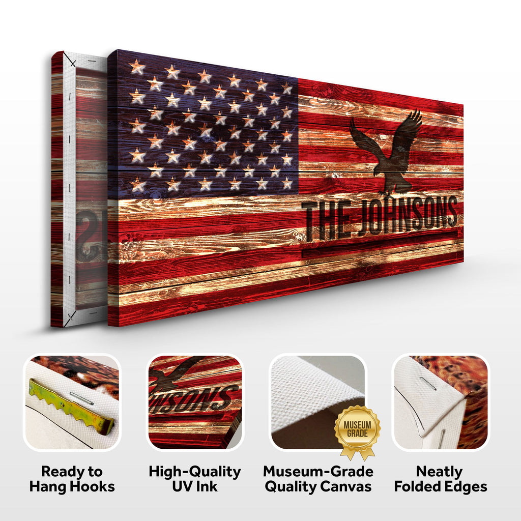 Personalized Rustic American Flag Family Name Sign