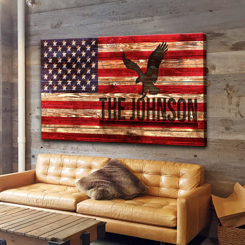 Personalized Rustic American Flag Family Name Sign