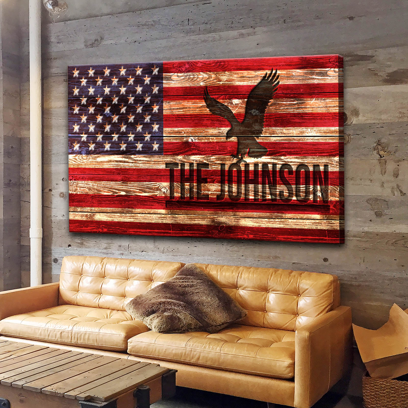 Personalized Rustic American Flag Family Name Sign